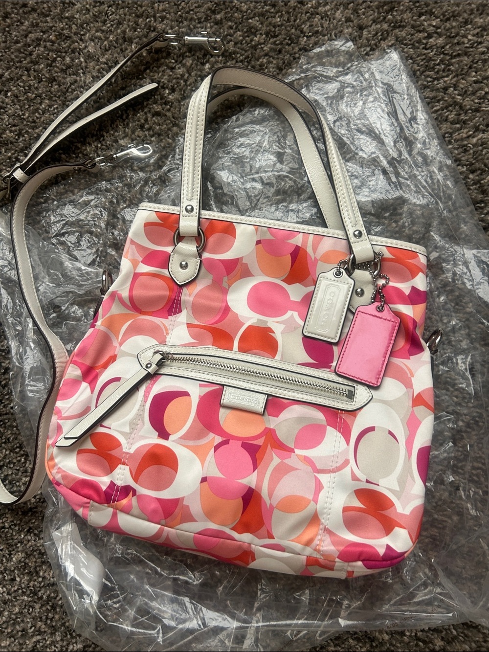 NWT Coach F23970 Pink & Coral Signature Sateen Tote with White Leather Trim